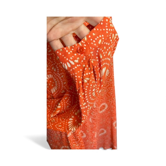 🧡 EUC LUCKY BRAND Orange Batik Dot Button-Down Blouse | Sz L - Picture 4 of 8